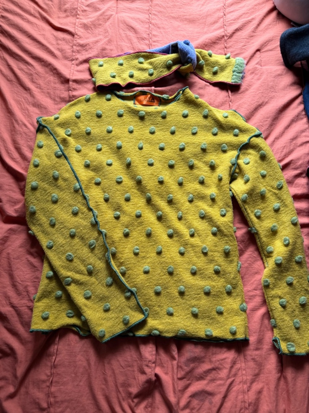 Anya Hindmarch Chartreuse Pom-Pom Crewneck Sweater with Teal Trim and Scarf